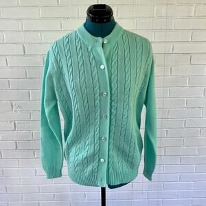 Vintage 60s aquamarine cable knit cardigan sweater